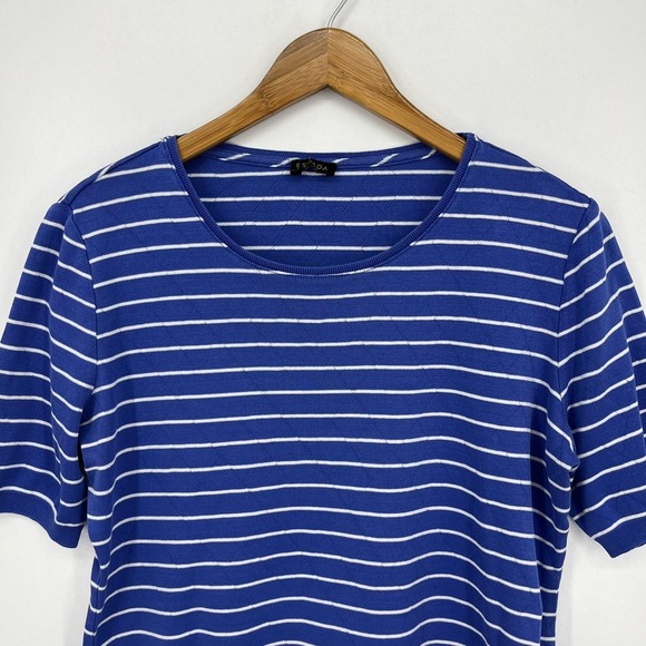 Escada Shirt Women's Size XL Blue Striped Short Sleeve Cotton Round Neck - Picture 2 of 9